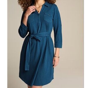 NEW J.Jill $99 Large Light Seaside Blue Garment-Dyed Split-Neck Short Shirtdress